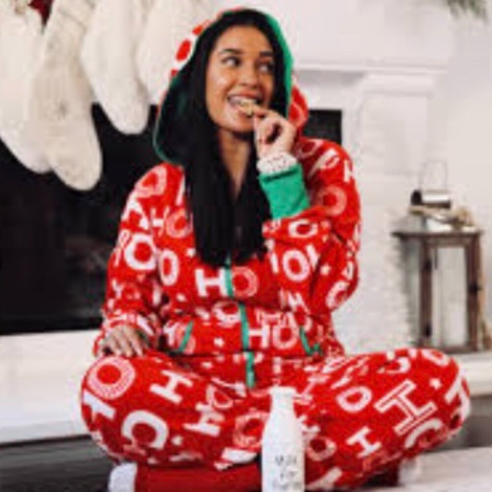 Tipsy Elves Women' Christmas Pajama Onsie Fleece Ho Ho Ho Front Zip Sz Small